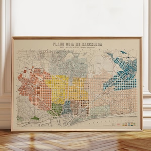 Mapa guía de la ciudad de Barcelona - Póster detallado del plano histórico de la ciudad española - Arte mural retro de Barcelona - Póster, marco e impresión en lienzo