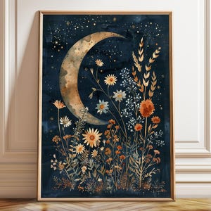 Moonlit Wildflower Art Print – Celestial Crescent Moon Botanical Wall Decor