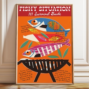 Lámina artística retro "Guía de supervivencia para peces" – Decoración de pared para cocina costera