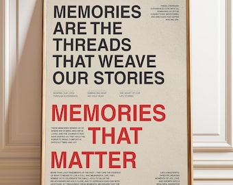 Memories That Matter Typography Poster, Inspirational Quote Print, Minimalist Black Red Text Wall Art, Modern Statement Decor