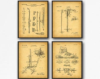 Set of 4 Ski Patent Posters Ski Cabin Decor Ski Wall Art Skiing Prints Ski Theme Posters Winter Sports Poster Skiing Gift for Skier