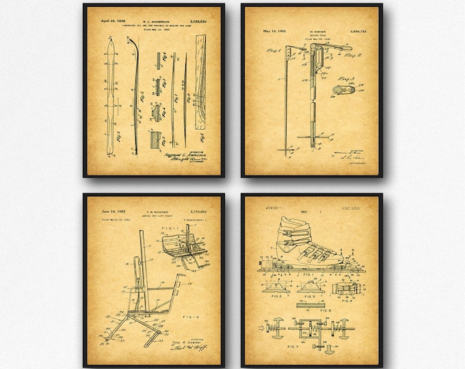 Set of 4 Ski Patent Posters Ski Cabin Decor Ski Wall Art Skiing Prints Ski Theme Posters Winter Sports Poster Skiing Gift for Skier