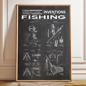 Vintage Fischer Patente Poster: Angler Mann Höhle Dekor, gerahmt Leinwanddruck