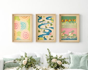 Traditonal Woodblock Wall Art Set of 3 Nature Woodblock Prints