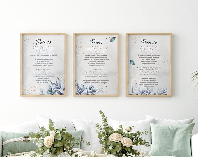 Psalm 1, Psalm 23, Psalm 138 - Set of 3 Old Testament Psalms Powerful Prayer Art for Religious Home Encouragement Gift and Inspiring Gift