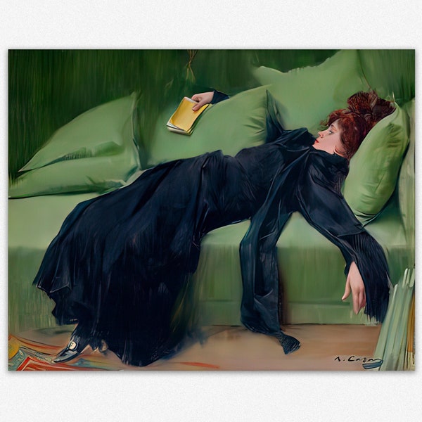 Jeune femme décadente Jove Decadent par Ramon Casas, danse, tableau après la danse, tableau, art mural vert pour la décoration intérieure, art mural coloré