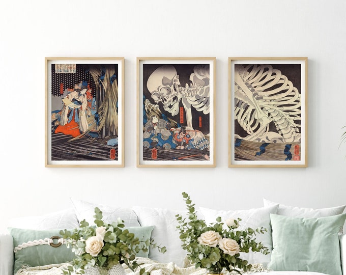 Skeleton Triptych Poster Vintage Japanese Style Woodblock Set of Prints 3 Piece Wall Art Set Unusual Rare Posters Japan Wall Art Prints