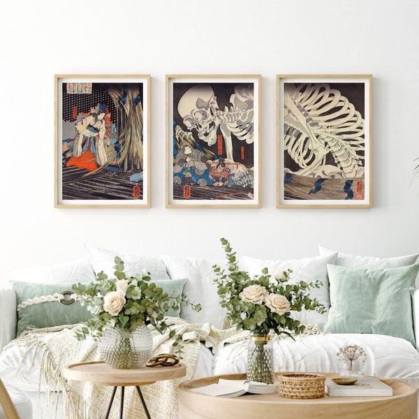 Skeleton Triptych Poster Vintage Japanese Style Woodblock Set of Prints 3 Piece Wall Art Set Unusual Rare Posters Japan Wall Art Prints