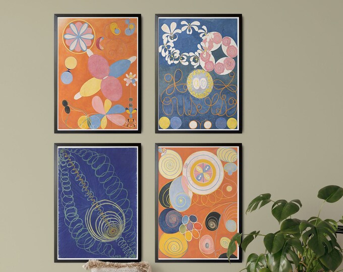 Mystical Abstractions: Set of 4 Hilma Af Klint Inspired Abstract Paintings - Captivating Design Art for Modern Interiors 4 Colorful Posters