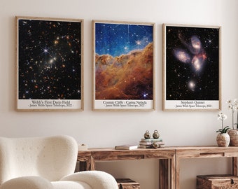 Modern Space Photographs James Webb Telescope Photographs of Cosmic Cliffs Nebula, Stephen's Quintet and Webb's Deep Field