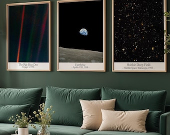 Pale Blue Dot, Earthrise, Hubble Deep Field Poster Set of 3 Space Art Prints