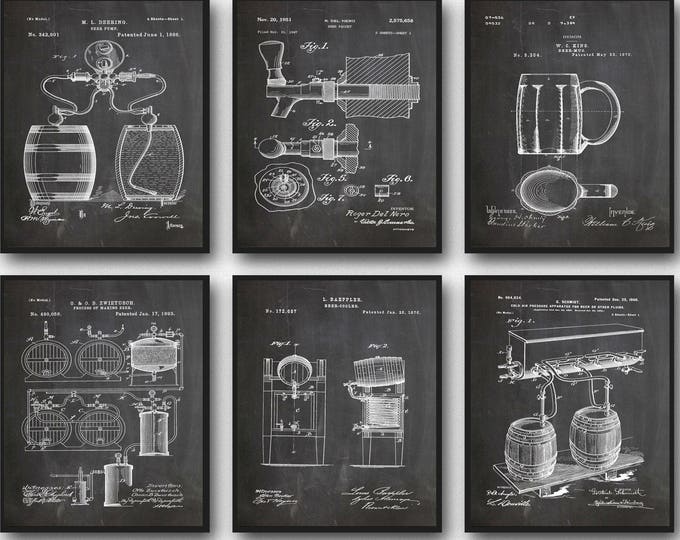 Beer Lover Gift - Beer Gift - Set of 6 Beer Patent Posters - Home Brewing Gift - Brewing Decor - Craft Beer Gift WB133