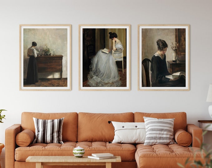 Women Reading Decor Gift for Book Lover Moody Literary Wall Art Traditional Paintings of Interior Scenes Set of 3 Stunning Posters of Women