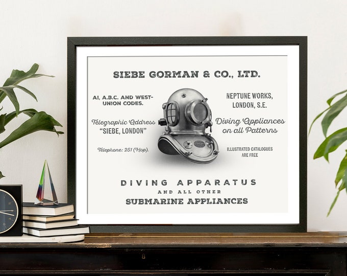Framed Vintage Diving Helmet Wall Art Prints - Nautical Decor for Scuba Enthusiasts