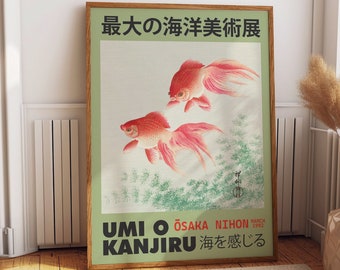 Ichiban Elegance : oeuvre d'art murale japonaise classique - affiche de l'exposition « I Feel the Sea » Osaka Nihon - superbe art mural poisson rouge, décoration de bureau à domicile