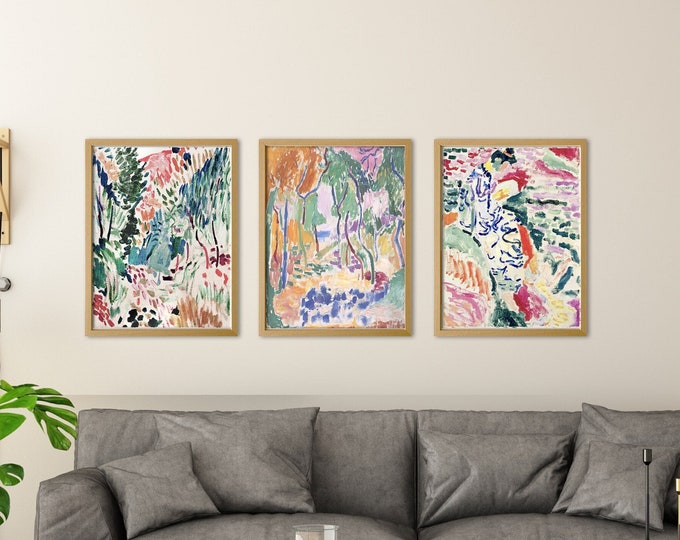 Abstract Matisse Trio: Modern Wall Art Set of Contemporary Vibrant Colorful Paintings, Thoughtful Gift Ready-to-Hang Art for Home Decor