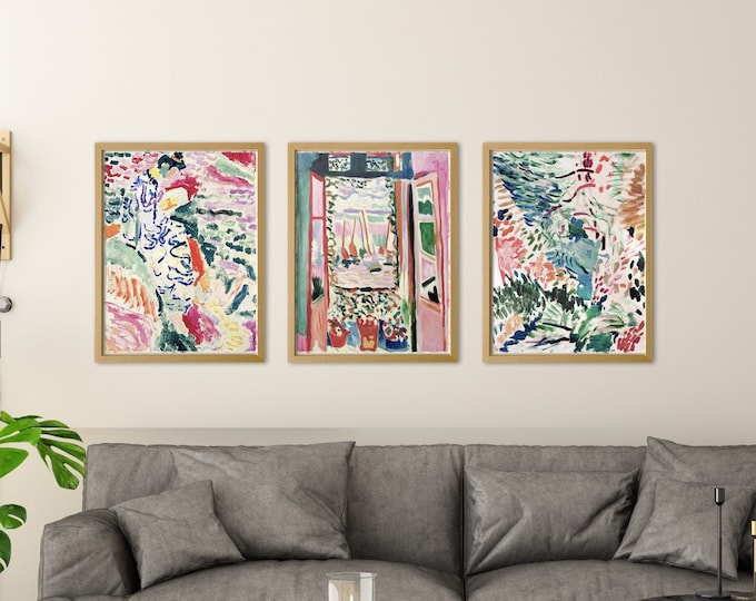 Henri Matisse Poster Trio: The Open Window Pink Wall Art - La fenêtre ouverte à Collioure 3 Piece Classic Bedroom wall Art