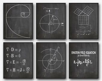 Math Poster Set of 6 Math Prints Fibonacci Golden Spiral Pythagoras's Theorem Euler's Formula Maxwell's Equations Einstein's Theory WB209