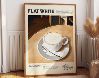 Poster de café plat blanc - oeuvre d'art murale chic pour les quais de café, les cafés et les stations de barista - oeuvre d'art murale pour embellir n'importe quel mur de café ou de barista