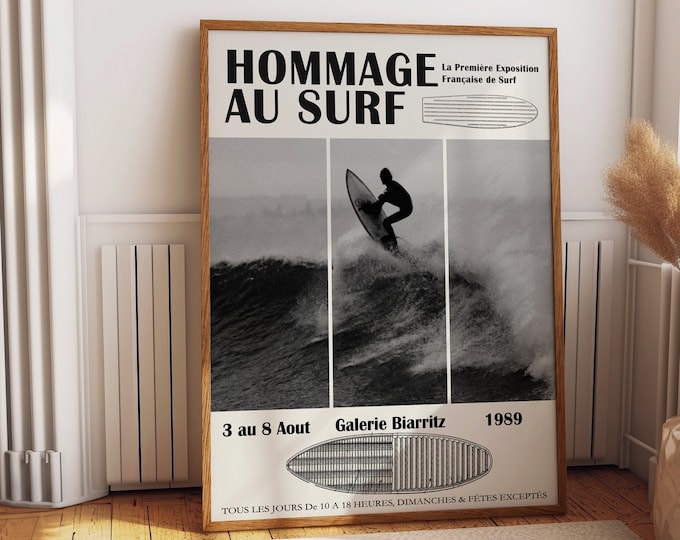 Featured listing image: Ride the Waves: Biarritz Surfing Exhibition Poster - Vintage Surfing Print - Biarritz Surfing Poster - Beach House Decor - Coastal Poster