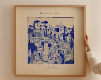 Blue Barcelona Cityscape Poster: Mediterranean Architecture Travel Print