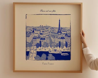 Impresión de la Torre Eiffel de París: elegante ilustración de paisaje urbano, lienzo enmarcado