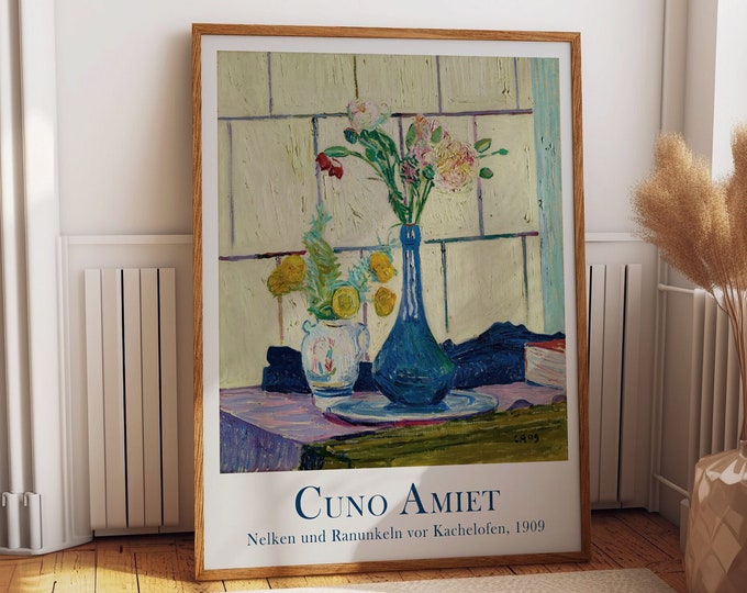 Still Life Flowers by Cuno Amiet Flower Poster Nelken und Ranunkeln vor Kachelofen, 1909 Enhance your space with this colorful Wall Art