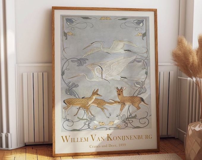 Graceful Encounters: Cranes and Deer Painting by Willem Van Konijnenburg 1899 Poster of Cranes and Deer Painting Colorful wall Art for home