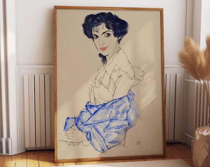 Captivating Egon Schiele Poster: Exquisite Art Print for Stylish Décor & Enthusiasts Exquisite Painting of Woman in Blue by Egon Schiele