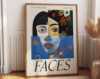 Abstract Faces Wall Art Decor - 1998 New York Faces Exhibition Poster - Chic & Floral Abstract Artwork for Home and Office Decor