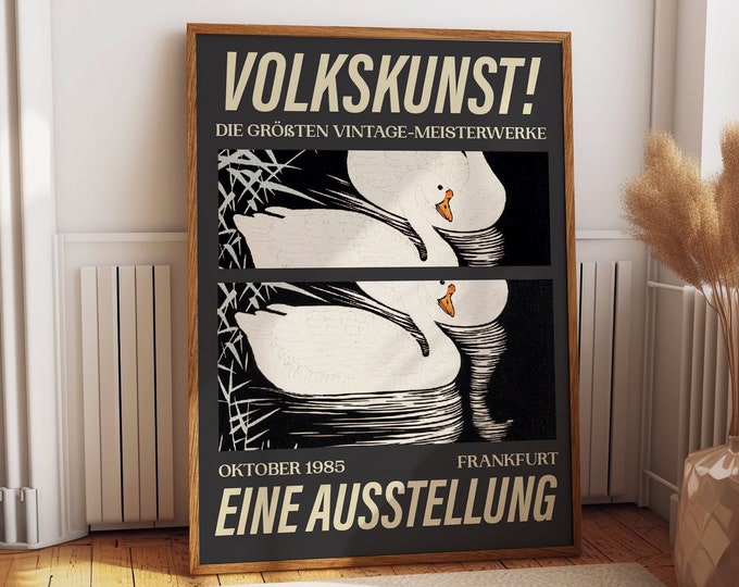 Graceful Swan Wall Art Prints - Elegance Unveiled: 1985 Folk Art Exhibition Poster, Frankfurt - Timeless Decor for Living, Dining, & Bedroom