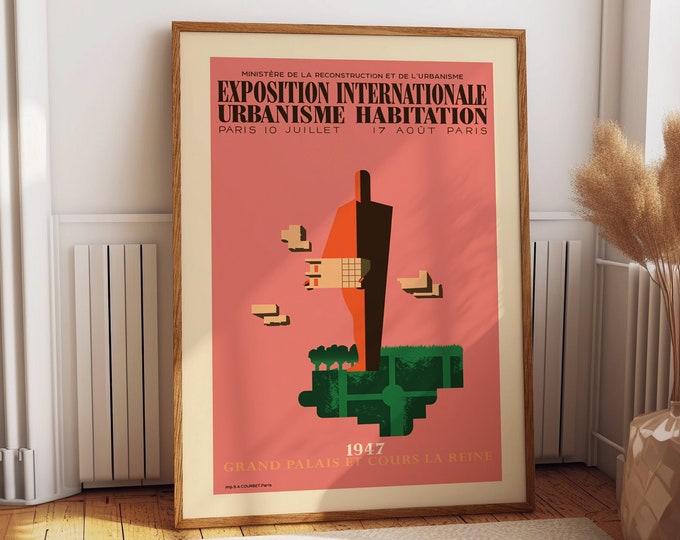 Vintage French Decor Pink Exhibition Poster 1947 on Urban Planning