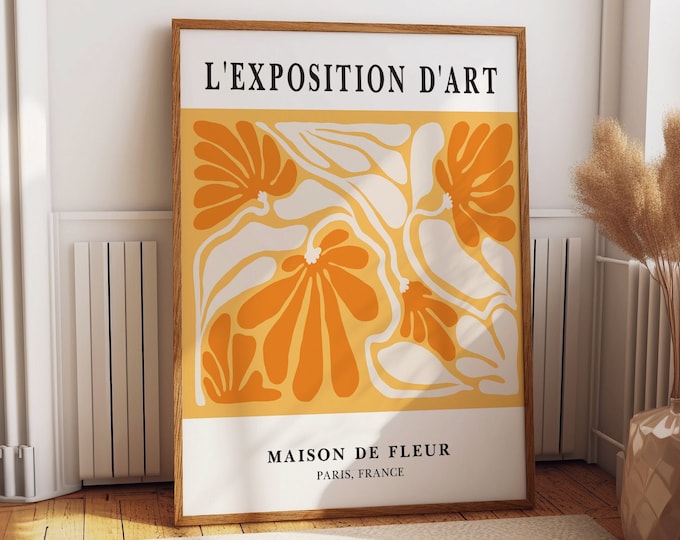 Abstract Floral Botanical Art Elegance: Vibrant Orange Floral Art Exhibition Poster - Maison De Fleur Wall Decor for Home and Office Spaces