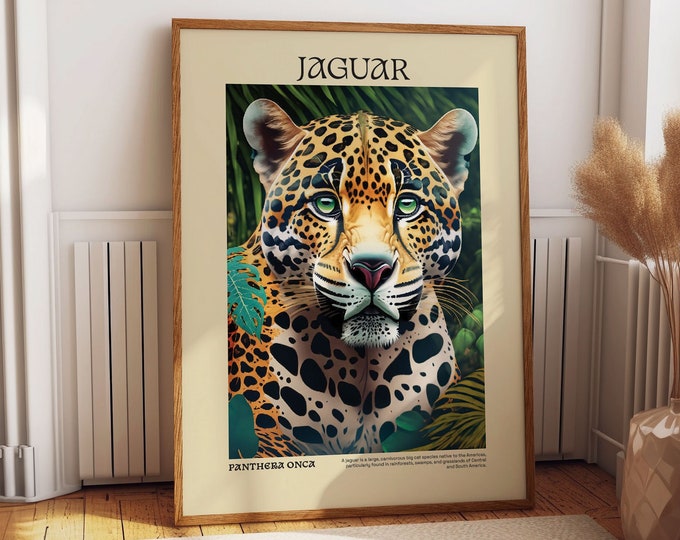 Jaguar Illustration Wall Art Print - Exotic Tropical Decor - Striking Animal Poster for Bedroom - Unique Jaguar Portrait for a Wild Vibe
