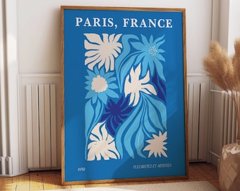 Blue Florists and Artists Exhibition Wall Art Poster - 1950 Paris France Exhibit Art Prints for Home Office Galleries - Unique Gift Ideas