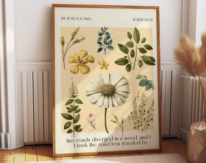 Dreamy Floral Quotes Wall Art: 'The Road Not Taken' by Robert Frost - Flower Blooms Quotes Wall Decor for Living, Dining, and Bedroom Spaces