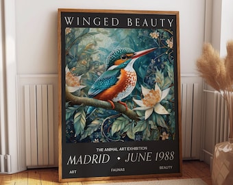 Aesthetic Avian Elegance in 'Faunas Beauty Madrid 1988' Animal Art Exhibition Poster - Winged Harmony Bird Office & Bedroom Wall Decor
