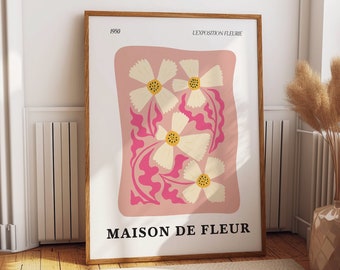 Maison De Fleur 1950 Exhibition Wall Poster - Bauhaus & Miro Inspired Pink Floral Wall Art - Elegant Ladies Room Decor - Ideal Gift for Her