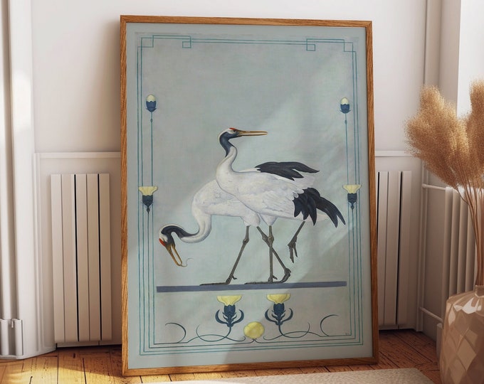 Japanese Cranes Green Painting 1899 Japanese Wall Art - Green Japanese Wall Art, Colorful Wall Art for Home and Office Decor Bird Print