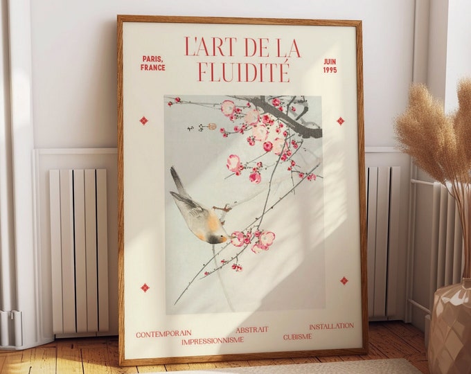 Elegant Bird and Flowers Poster Aesthetic Wall Decor - Art of Fluidity 1995 Exhibition Poster - Contemporary Wall Art for Home and Office