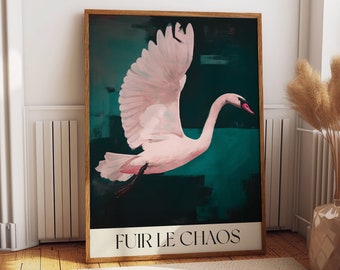 Flying Swan Exhibition Poster Elegant Pink Swan French Wall Decor for Chic Bedrooms and Offices Fuir Le Chaos