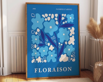 Floral Elegance: Floraison Florists & Artists Exhibition Poster - Elegant Floral Abstract Blue Theme Room Decor - Unique Gift Ideas for Her