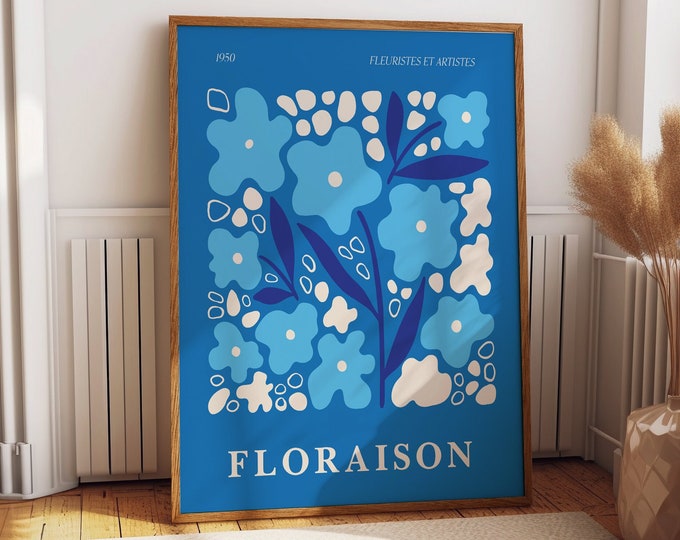Floral Elegance: Floraison Florists & Artists Exhibition Poster - Elegant Floral Abstract Blue Theme Room Decor - Unique Gift Ideas for Her