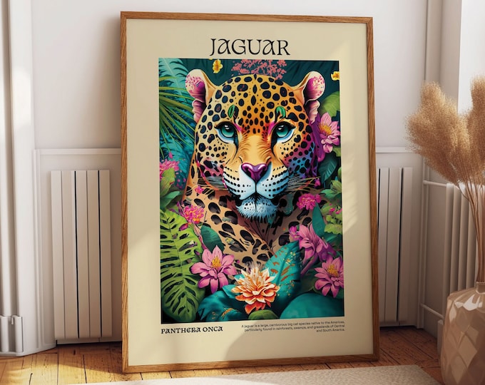 Jaguar Wall Art Print - Playful Tropical Decor - Colorful Animal Poster for Bedroom - Unique Jaguar Portrait for a Cute Vibe Room
