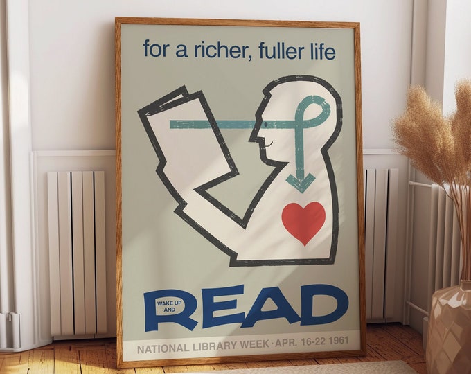 Immerse Yourself in the World of Books with this Charming Reading Poster: Perfect for School Libraries and Retro Literature Lovers