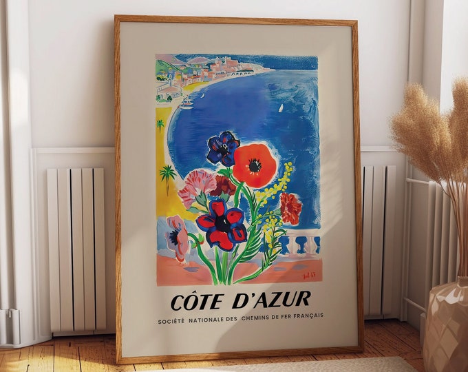 Cote D'Azur Poster French Travel Poster Long Distance Gift French Dresser Decor - Vibrant Floral Bedroom Decor