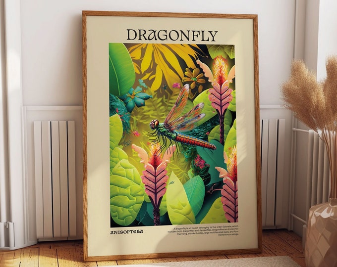 Dragonfly Insect Art Poster for Room Aesthetic - Enchanting Wall Art Gift for Her - Whimsical Dragonfly in Floral Bliss