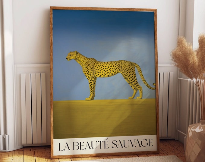 Safari Cheetah Wall Art - La Beaute Sauvage Exhibition Gallery Wall Poster - Chic Animal Illustration for Stylish Bedroom Ambiance