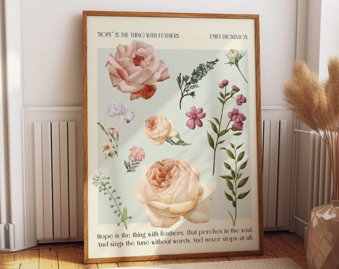 Inspirational Floral Design Wall Decor - 'Hope is the Thing with Feathers' by Emily Dickinson - Elegant Wall Art for Home and Office Spaces