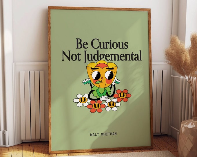 Green and Pink Retro Wall Decor - 'Be Curious, Not Judgmental' Quote Wall Poster - Inspirational Bedroom Poster with Retro Charm